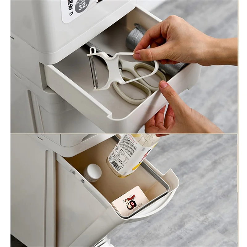 7030 32L Long Tube Kitchen Double Layer Mobile Pulley Garbage Basket Dry Wet Separation Trash Can