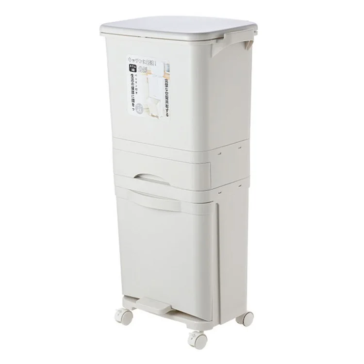 7023 42L Dry Wet Separation Plastic Trash Can Long Tube Kitchen Mobile Pulley Garbage Basket