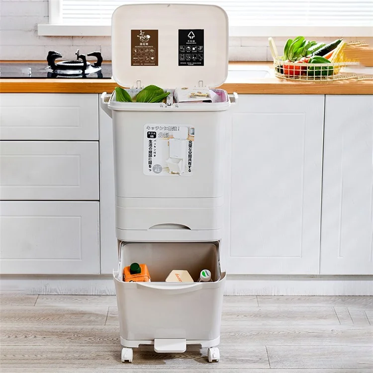 7023 42L Dry Wet Separation Plastic Trash Can Long Tube Kitchen Mobile Pulley Garbage Basket