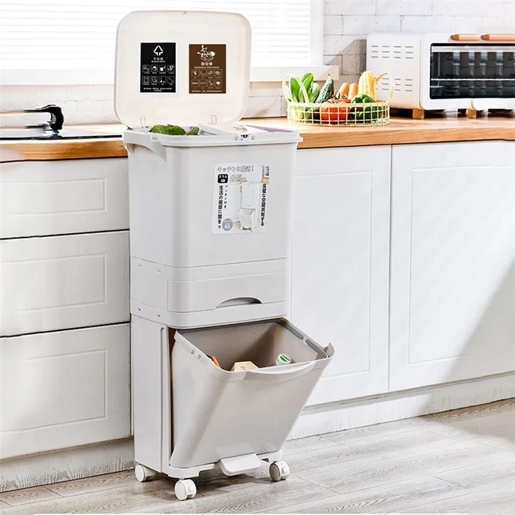 7023 42L Dry Wet Separation Plastic Trash Can Long Tube Kitchen Mobile Pulley Garbage Basket
