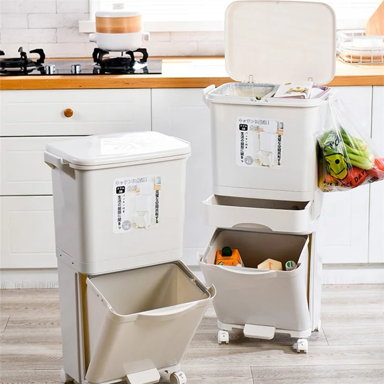 7023 42L Dry Wet Separation Plastic Trash Can Long Tube Kitchen Mobile Pulley Garbage Basket