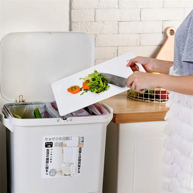 7023 42L Dry Wet Separation Plastic Trash Can Long Tube Kitchen Mobile Pulley Garbage Basket
