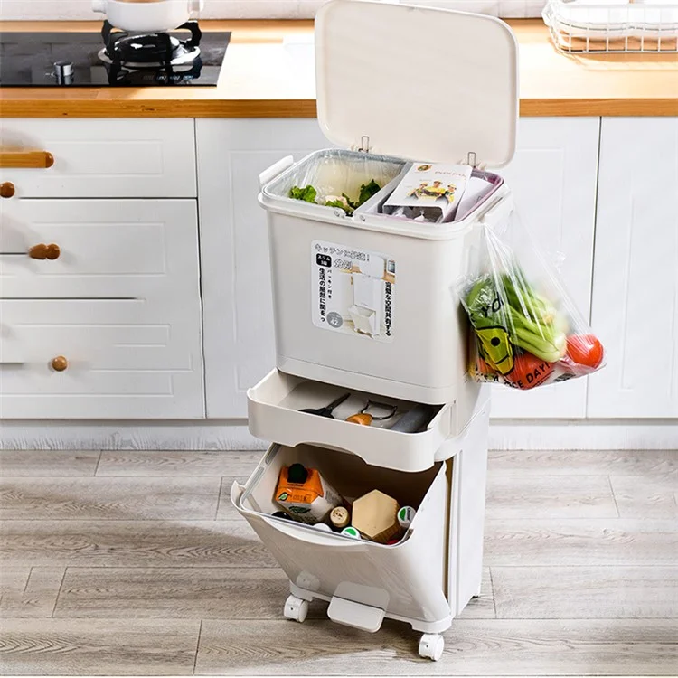 7023 42L Dry Wet Separation Plastic Trash Can Long Tube Kitchen Mobile Pulley Garbage Basket