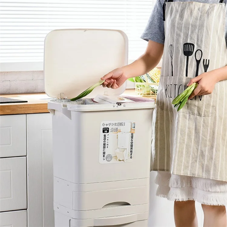 7023 42L Dry Wet Separation Plastic Trash Can Long Tube Kitchen Mobile Pulley Garbage Basket