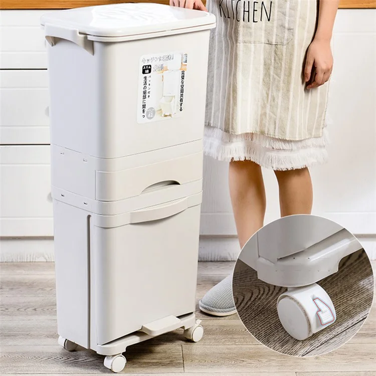 7023 42L Dry Wet Separation Plastic Trash Can Long Tube Kitchen Mobile Pulley Garbage Basket