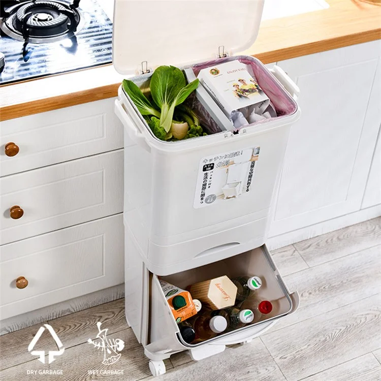 7023 42L Dry Wet Separation Plastic Trash Can Long Tube Kitchen Mobile Pulley Garbage Basket