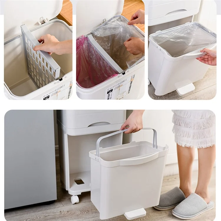 7023 42L Dry Wet Separation Plastic Trash Can Long Tube Kitchen Mobile Pulley Garbage Basket