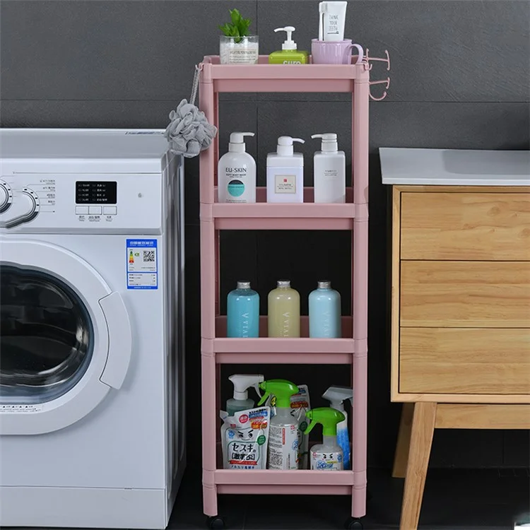 4 Layer Plastic Floor Standing Storage Rack Movable Pulley Storage Shelf for Bathroom Kitchen - Pink