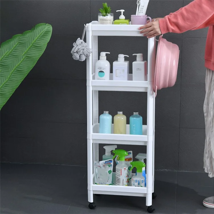 4 Layer Plastic Floor Standing Storage Rack Movable Pulley Storage Shelf for Bathroom Kitchen - Pink