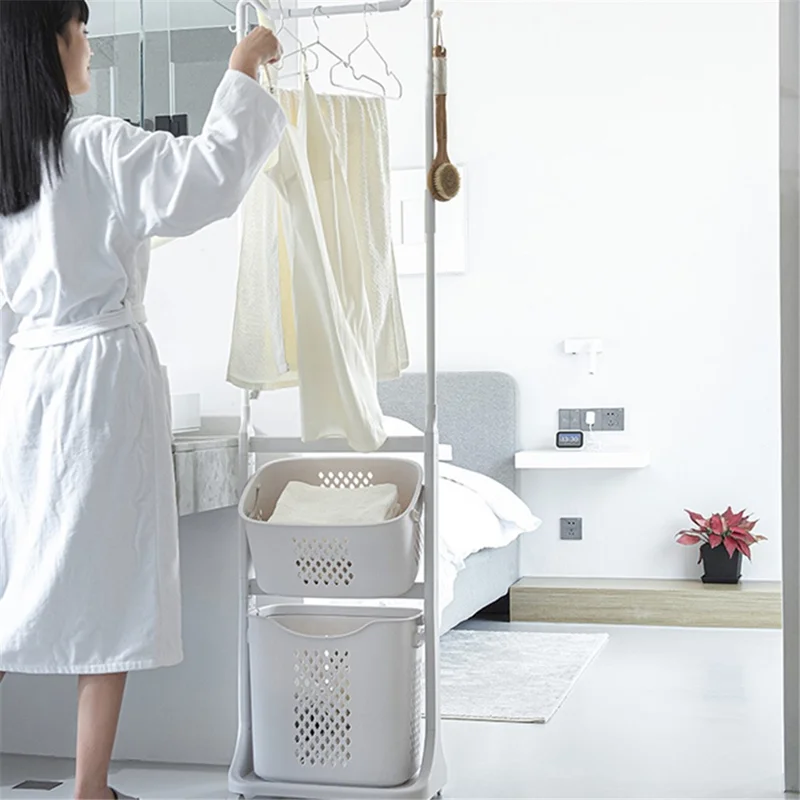 889 Garment Rack Clothing PP Storage Basket Moving Cart Clothes Organizer for Home Bedroom Laundry