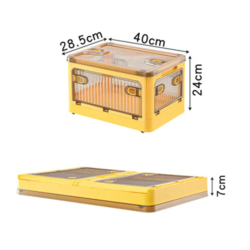 28L Folding Plastic Storage Bin 5-Sided Door Opening Transparent Removable Pulley Stackable Box, Size S - Orange
