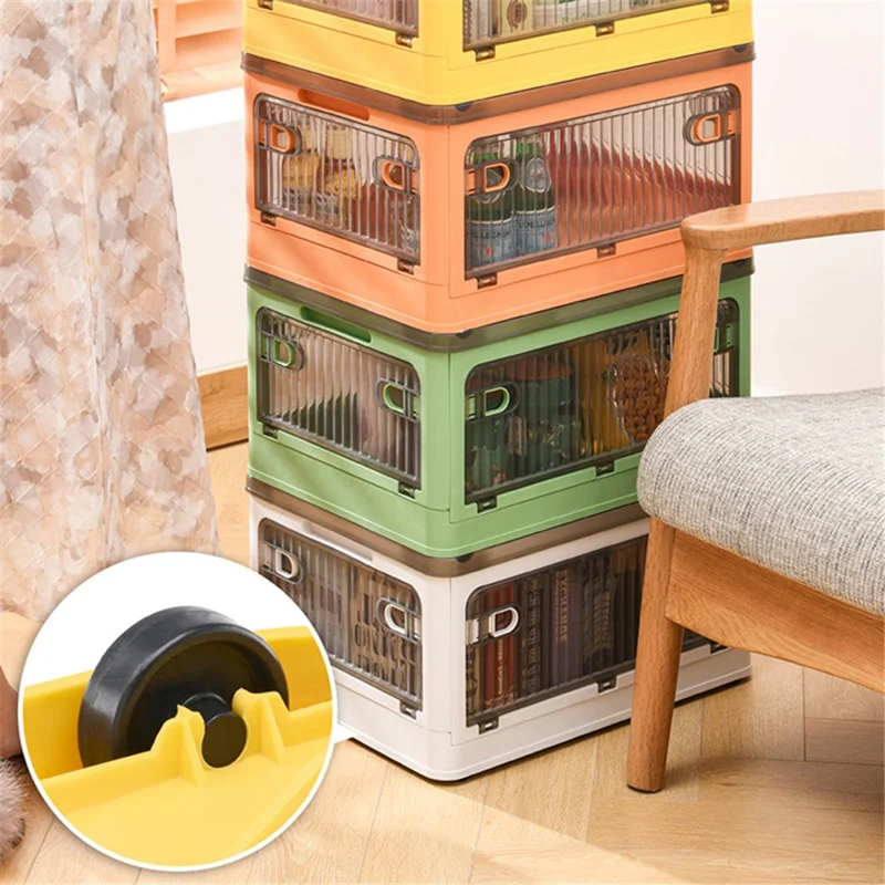 28L Folding Plastic Storage Bin 5-Sided Door Opening Transparent Removable Pulley Stackable Box, Size S - Orange