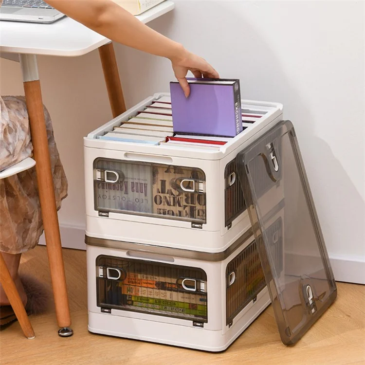 40L Transparent Plastic Storage Bin 5-Sided Door Opening Removable Pulley Stackable Folding Box, Size M - White