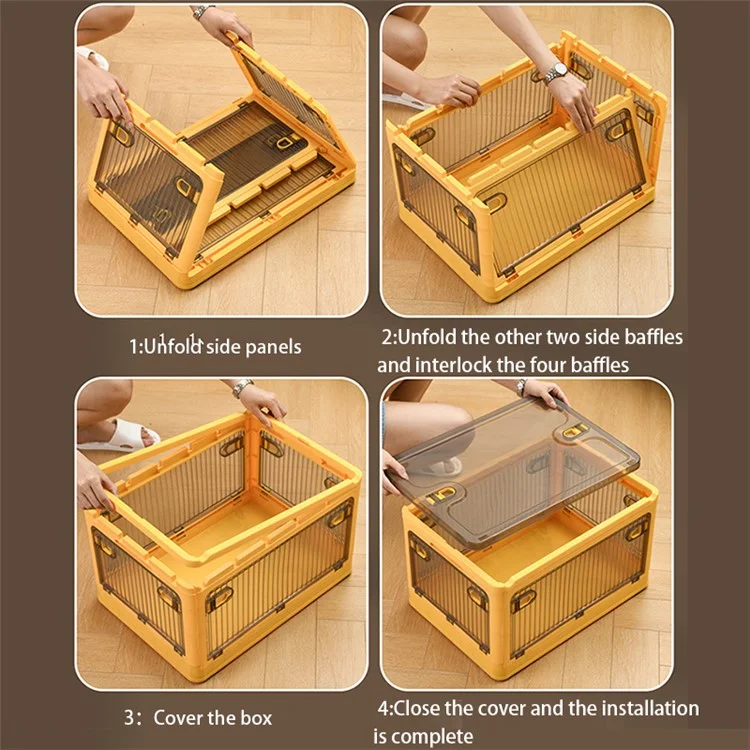 40L Transparent Plastic Storage Bin 5-Sided Door Opening Removable Pulley Stackable Folding Box, Size M - White