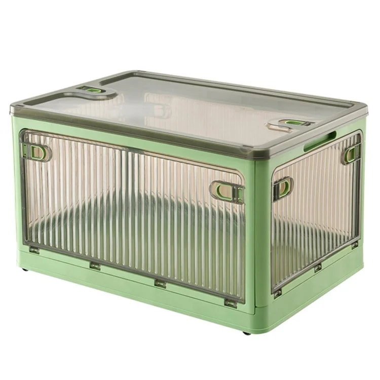 56L 5-Sided Door Opening Folding Plastic Storage Bin Transparent Removable Pulley Stackable Box, Size L - Green