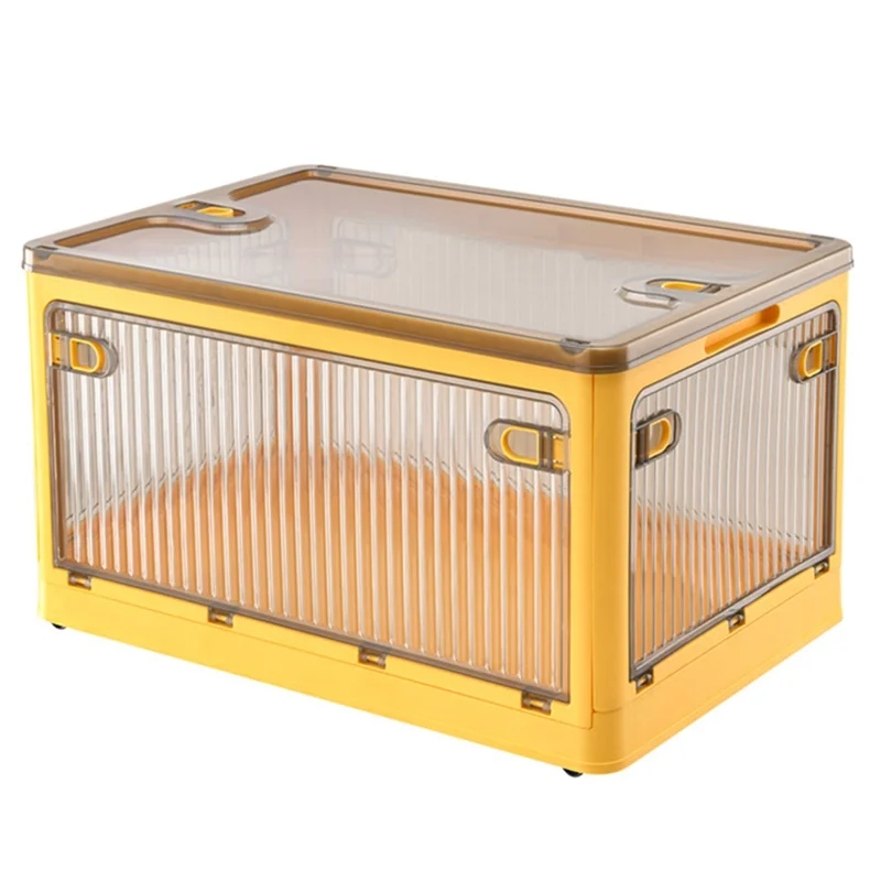 56L 5-Sided Door Opening Folding Plastic Storage Bin Transparent Removable Pulley Stackable Box, Size L - Yellow