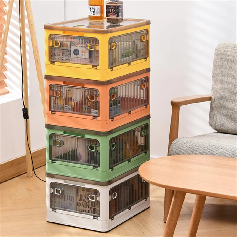 56L 5-Sided Door Opening Folding Plastic Storage Bin Transparent Removable Pulley Stackable Box, Size L - Yellow