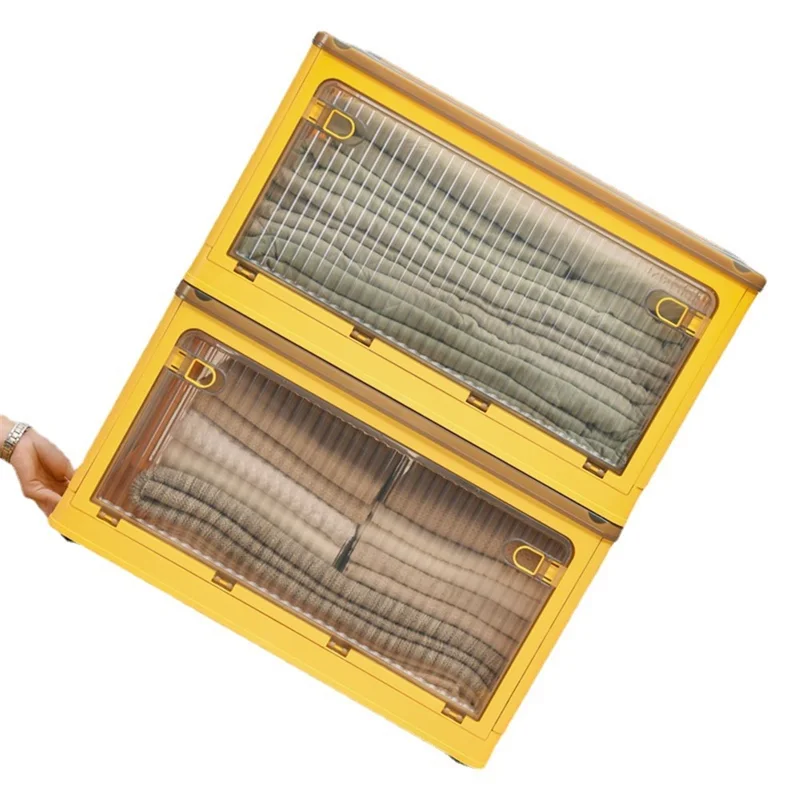 56L 5-Sided Door Opening Folding Plastic Storage Bin Transparent Removable Pulley Stackable Box, Size L - Yellow
