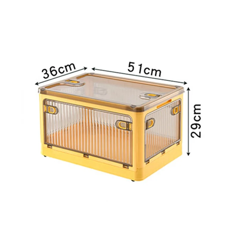 56L 5-Sided Door Opening Folding Plastic Storage Bin Transparent Removable Pulley Stackable Box, Size L - Yellow