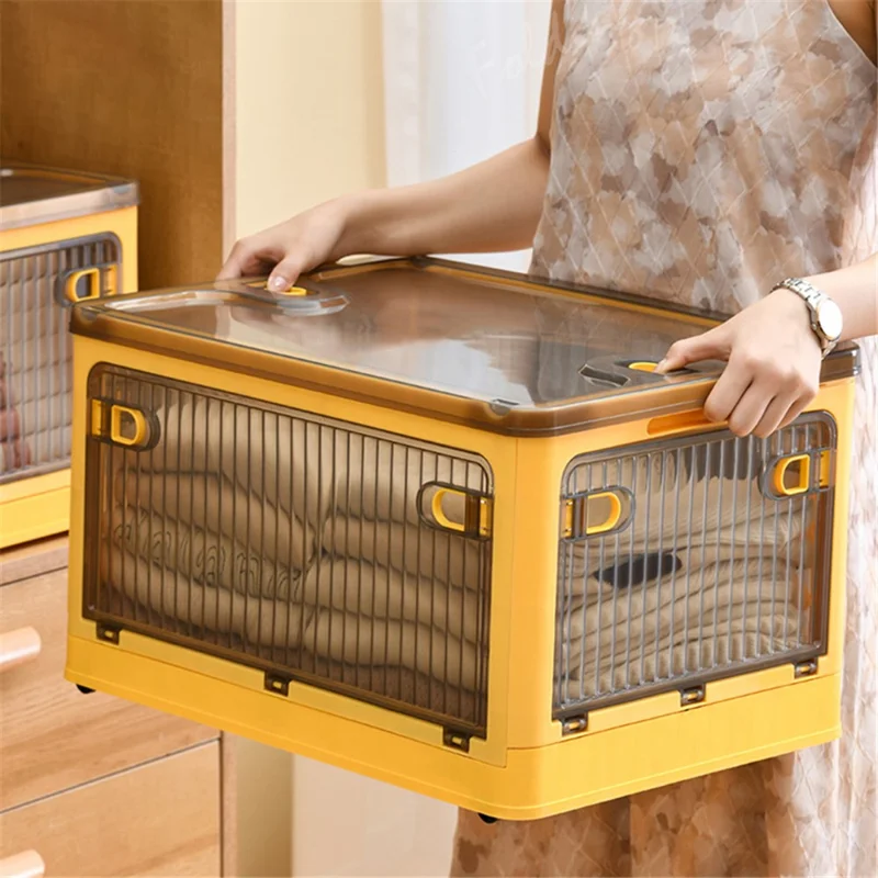 56L 5-Sided Door Opening Folding Plastic Storage Bin Transparent Removable Pulley Stackable Box, Size L - Yellow