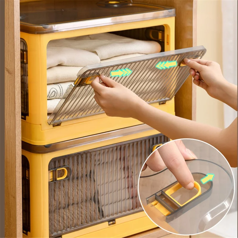 56L 5-Sided Door Opening Folding Plastic Storage Bin Transparent Removable Pulley Stackable Box, Size L - Yellow