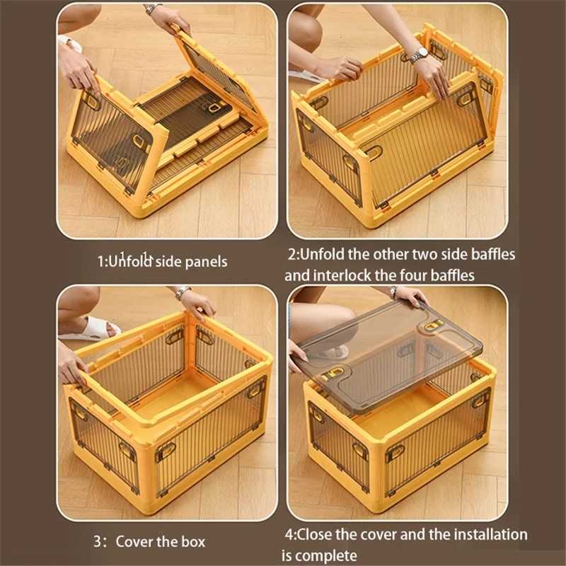 56L 5-Sided Door Opening Folding Plastic Storage Bin Transparent Removable Pulley Stackable Box, Size L - Yellow