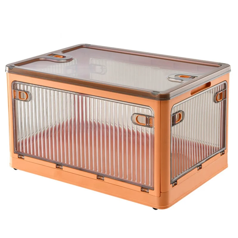 56L 5-Sided Door Opening Folding Plastic Storage Bin Transparent Removable Pulley Stackable Box, Size L - Orange