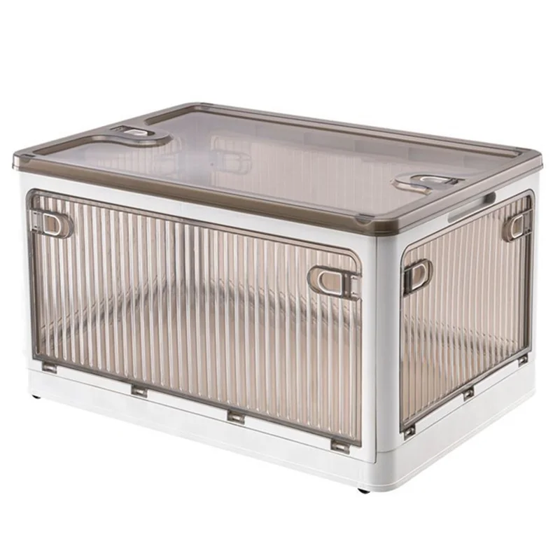 84L Folding Plastic Storage Bin with Pulley 5-Sided Door Opening Transparent Stackable Box, Size XL - White