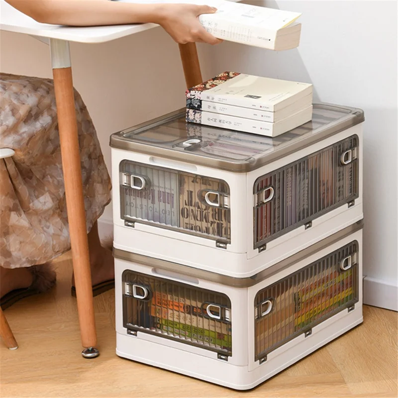 84L Folding Plastic Storage Bin with Pulley 5-Sided Door Opening Transparent Stackable Box, Size XL - White