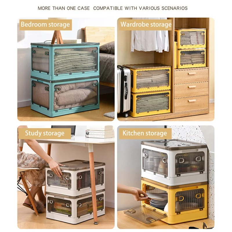 84L Folding Plastic Storage Bin with Pulley 5-Sided Door Opening Transparent Stackable Box, Size XL - Yellow