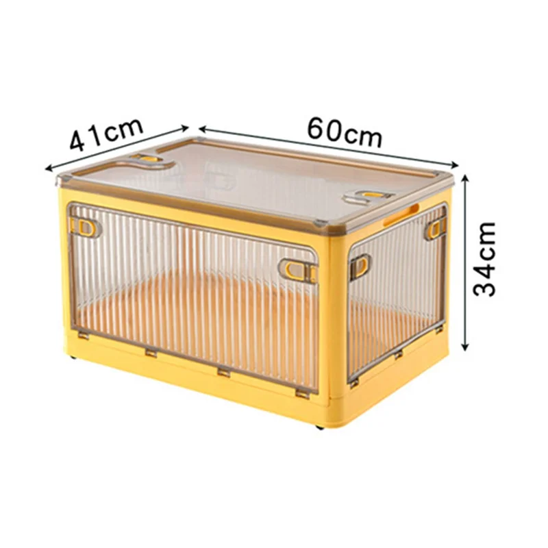84L Folding Plastic Storage Bin with Pulley 5-Sided Door Opening Transparent Stackable Box, Size XL - Yellow