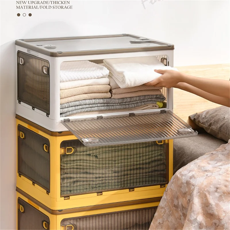 84L Folding Plastic Storage Bin with Pulley 5-Sided Door Opening Transparent Stackable Box, Size XL - Yellow