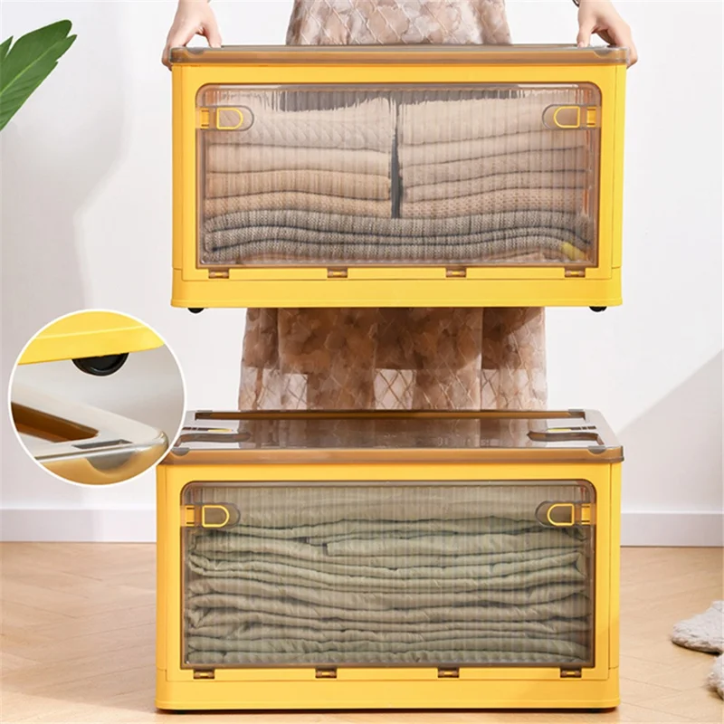 84L Folding Plastic Storage Bin with Pulley 5-Sided Door Opening Transparent Stackable Box, Size XL - Yellow