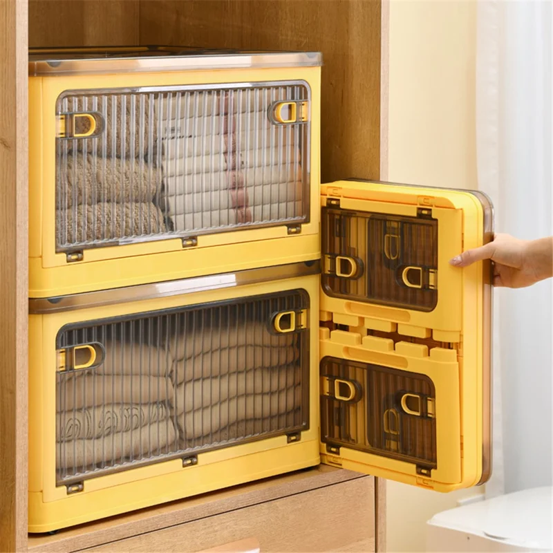 84L Folding Plastic Storage Bin with Pulley 5-Sided Door Opening Transparent Stackable Box, Size XL - Yellow