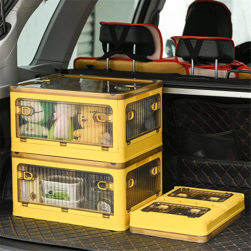 84L Folding Plastic Storage Bin with Pulley 5-Sided Door Opening Transparent Stackable Box, Size XL - Orange