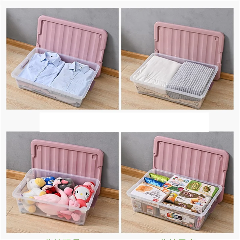 33L Plastic Underbed Storage Box Household Clothes Quilt Organizer Transparent Pulley Box, Size L