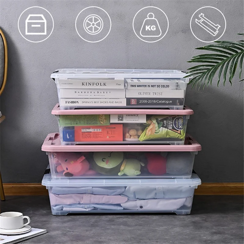 33L Plastic Underbed Storage Box Household Clothes Quilt Organizer Transparent Pulley Box, Size L