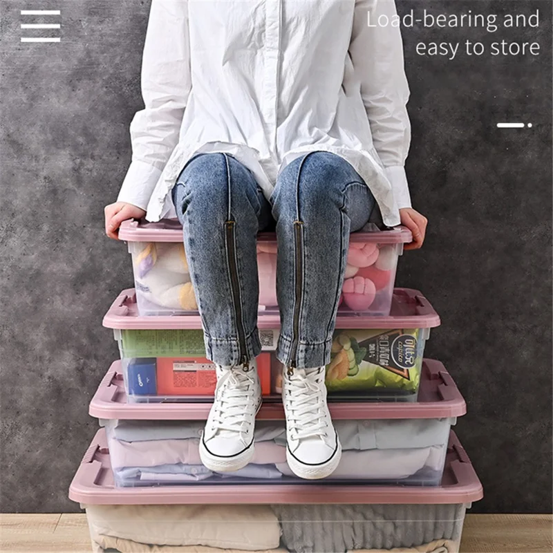 33L Plastic Underbed Storage Box Household Clothes Quilt Organizer Transparent Pulley Box, Size L
