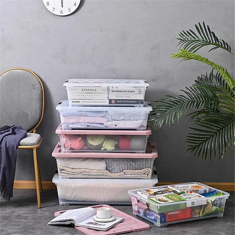 33L Plastic Underbed Storage Box Household Clothes Quilt Organizer Transparent Pulley Box, Size L