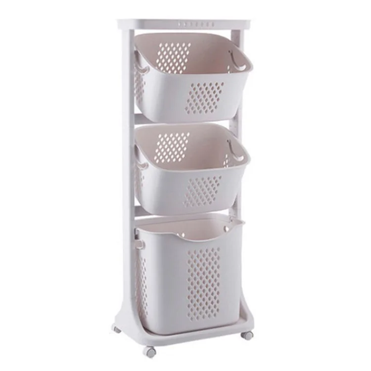 F827-3 Dirty Clothes Storage Basket PP 3 Layer Wash Clothes Storage Organizer with Rolling Wheel