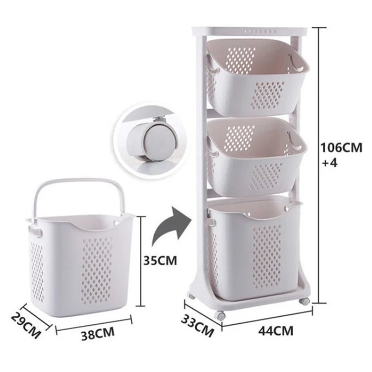 F827-3 Dirty Clothes Storage Basket PP 3 Layer Wash Clothes Storage Organizer with Rolling Wheel