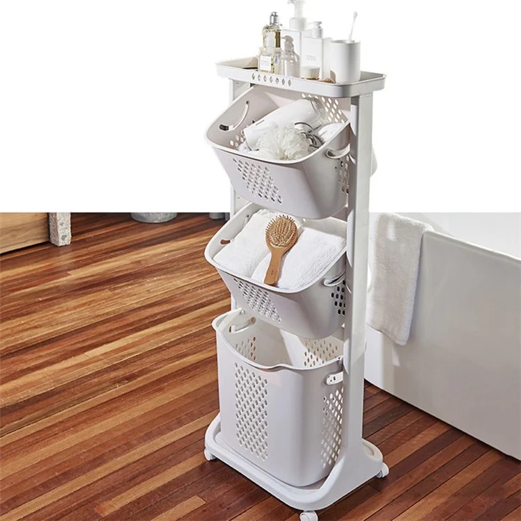 F827-3 Dirty Clothes Storage Basket PP 3 Layer Wash Clothes Storage Organizer with Rolling Wheel