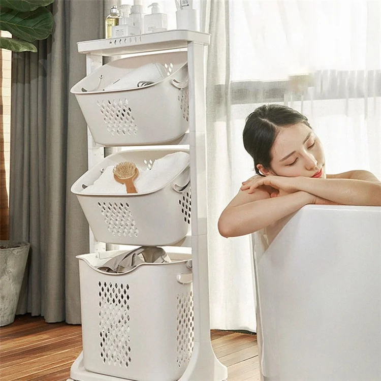 F827-3 Dirty Clothes Storage Basket PP 3 Layer Wash Clothes Storage Organizer with Rolling Wheel