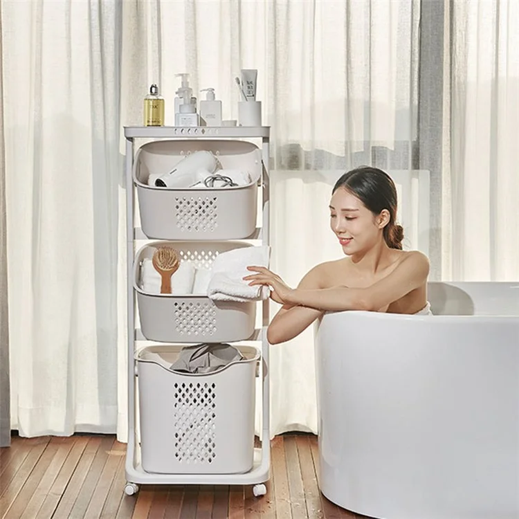F827-3 Dirty Clothes Storage Basket PP 3 Layer Wash Clothes Storage Organizer with Rolling Wheel