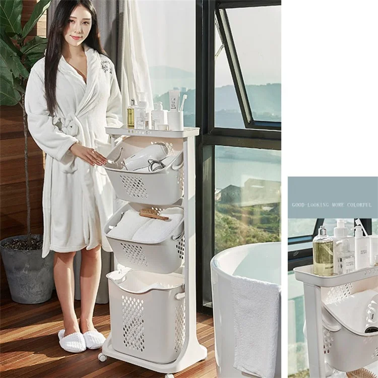 F827-3 Dirty Clothes Storage Basket PP 3 Layer Wash Clothes Storage Organizer with Rolling Wheel