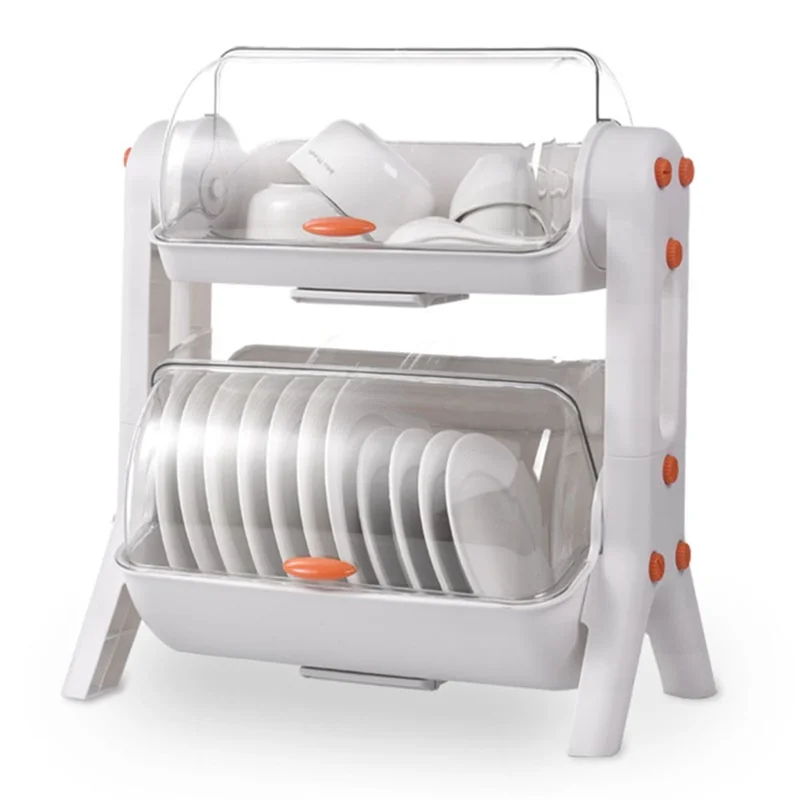 F922-2 Double-Layer Cupboard PP+PET Tableware Drainer Storage Box Dish Chopsticks Drying Rack with Lid - White