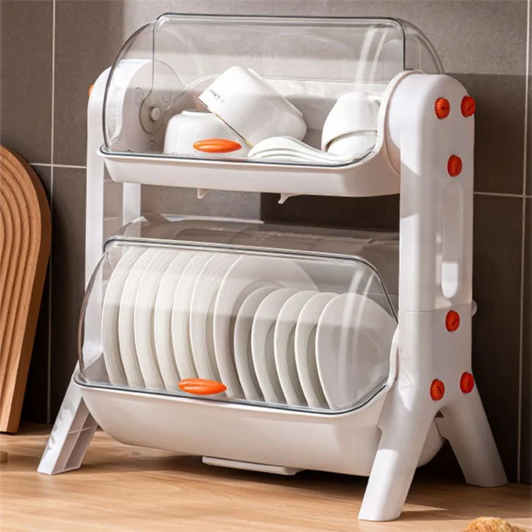 F922-2 Double-Layer Cupboard PP+PET Tableware Drainer Storage Box Dish Chopsticks Drying Rack with Lid - White