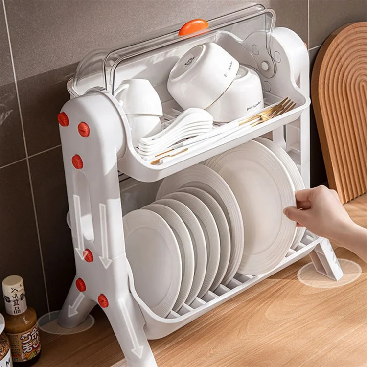 F922-2 Double-Layer Cupboard PP+PET Tableware Drainer Storage Box Dish Chopsticks Drying Rack with Lid - White