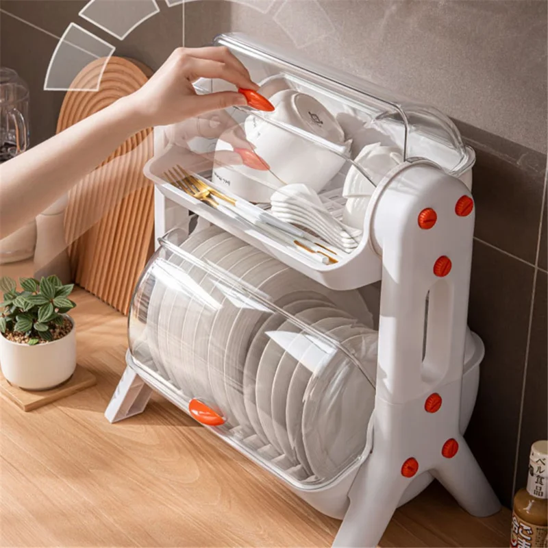 F922-2 Double-Layer Cupboard PP+PET Tableware Drainer Storage Box Dish Chopsticks Drying Rack with Lid - White