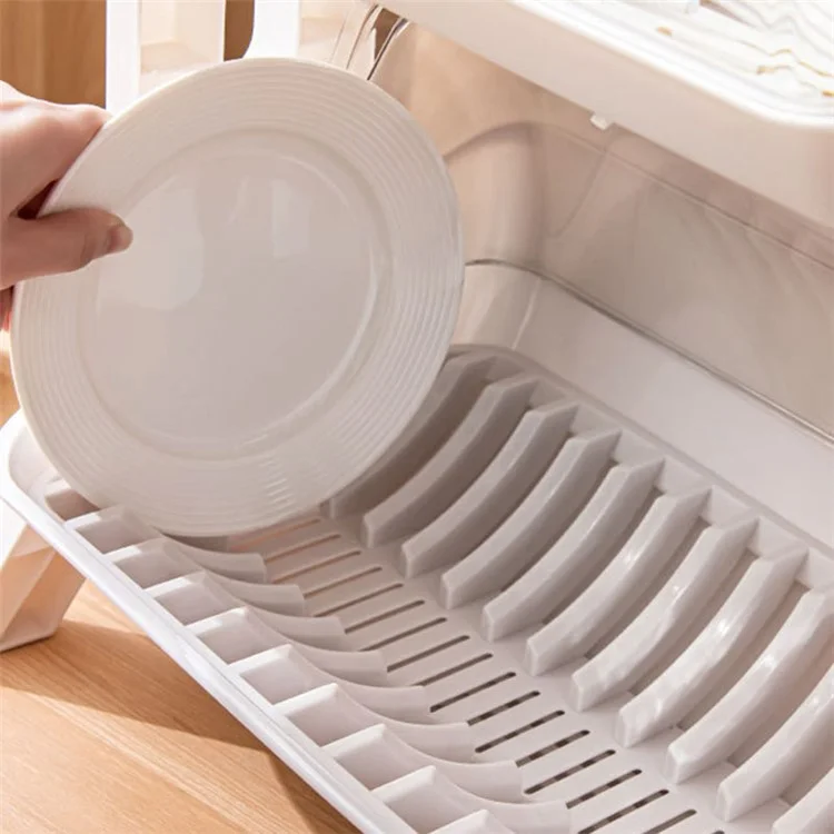 F922-2 Double-Layer Cupboard PP+PET Tableware Drainer Storage Box Dish Chopsticks Drying Rack with Lid - White